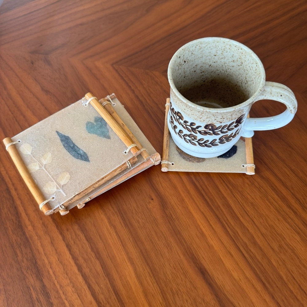 VTG Mid Century Coasters Set Fiberglass Pressed Leaf Bamboo Boho Japandi MCM